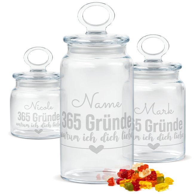 Tassendruck Vorratsdose aus Glas mit Gravur - 365 Gründe - mit Name - Verschiedene Größen