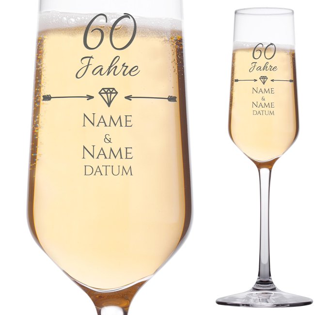 Tassendruck Sektglas mit Gravur - Diamantene Hochzeit - 60. Hochzeitstag - mit Namen