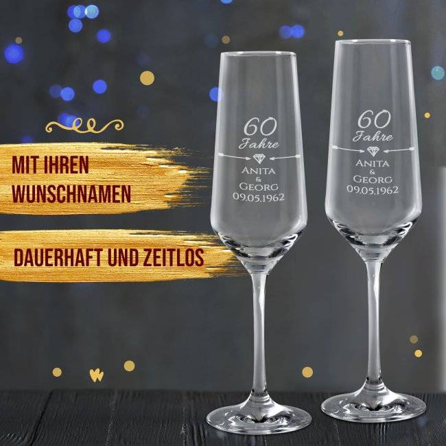 Tassendruck Sektglas mit Gravur - Diamantene Hochzeit - 60. Hochzeitstag - mit Namen Kostenloser Versand