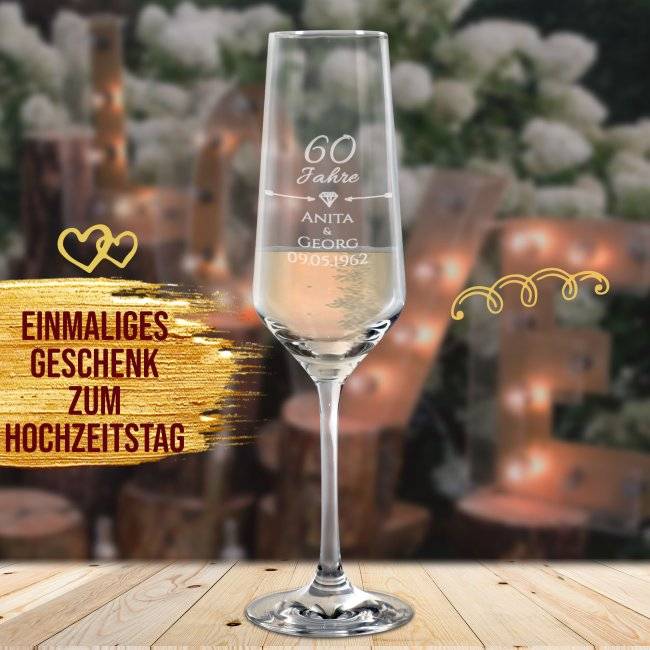 Tassendruck Sektglas mit Gravur - Diamantene Hochzeit - 60. Hochzeitstag - mit Namen Kostenloser Versand