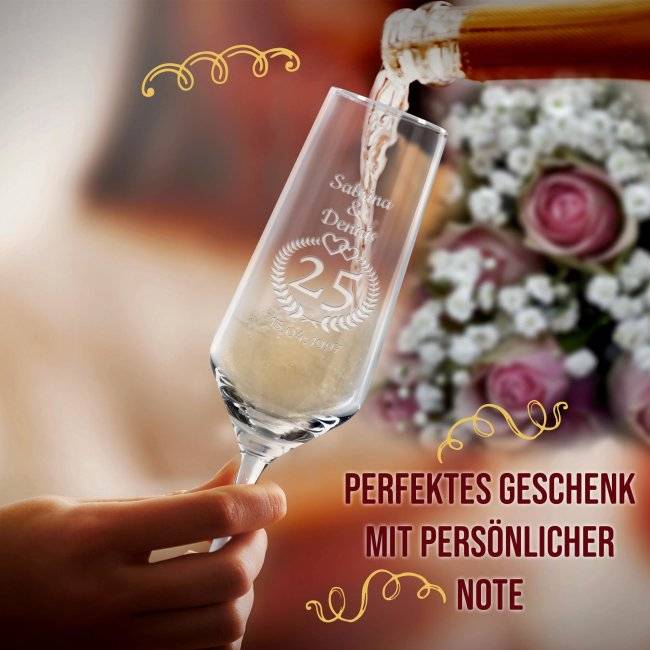 Tassendruck Sektglas mit Gravur zur Silberhochzeit - mit Namen und Datum Fabrik Onlineshop