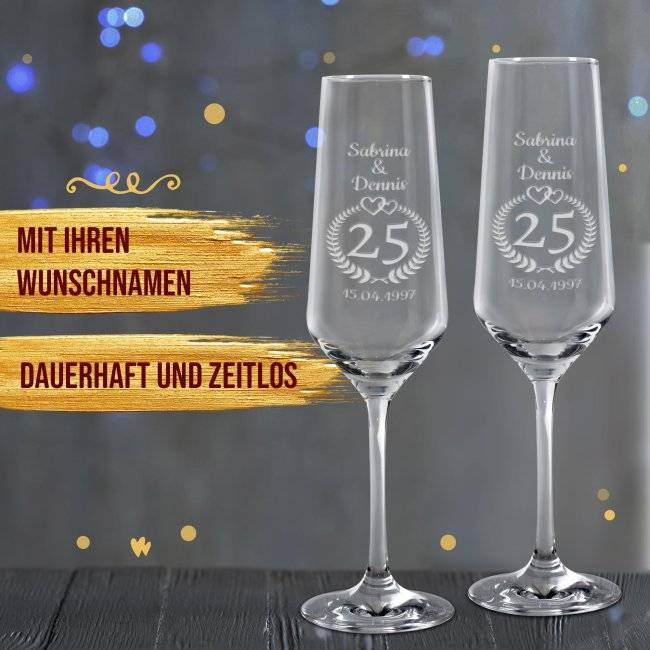Tassendruck Sektglas mit Gravur zur Silberhochzeit - mit Namen und Datum Fabrik Onlineshop
