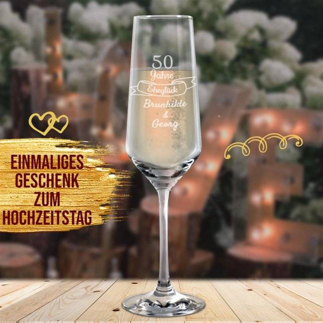 Tassendruck Graviertes Sektglas - Goldene Hochzeit - 50 Jahre Eheglück - mit Namen Fabrikpreis
