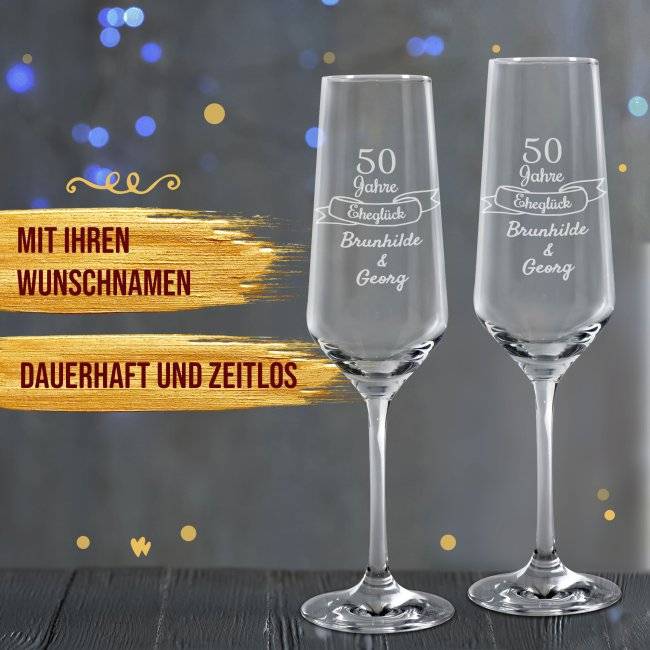 Tassendruck Graviertes Sektglas - Goldene Hochzeit - 50 Jahre Eheglück - mit Namen Fabrikpreis