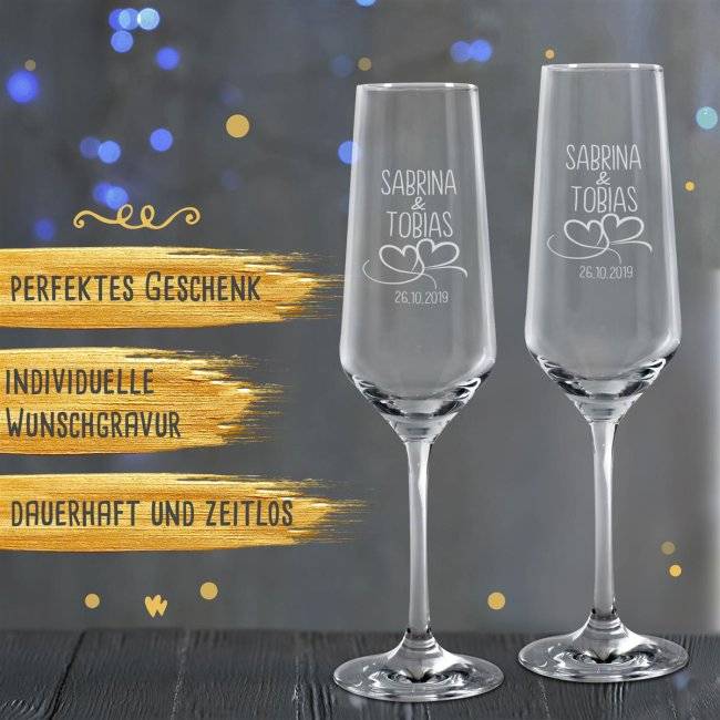 Tassendruck Sektglas mit Gravur - Herzen - mit Namen und Datum Sonderangebot