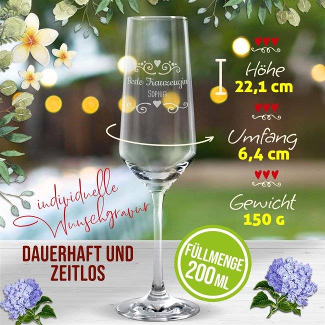 Tassendruck Sektglas mit Gravur - Beste Trauzeugin - mit Name Rabatt