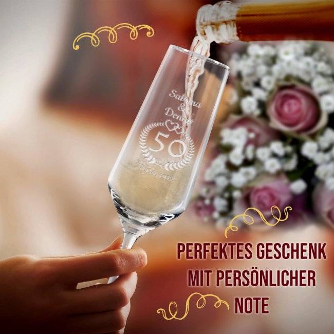 Tassendruck Sektglas mit Gravur - Goldene Hochzeit - mit Namen und Datum Versandkostenfrei