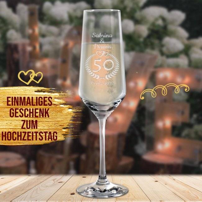 Tassendruck Sektglas mit Gravur - Goldene Hochzeit - mit Namen und Datum Versandkostenfrei