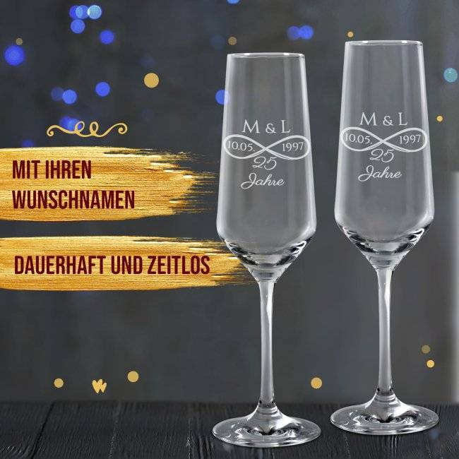 Tassendruck Sektglas mit Gravur - Silberhochzeit - mit Initialen Großer Ausverkauf