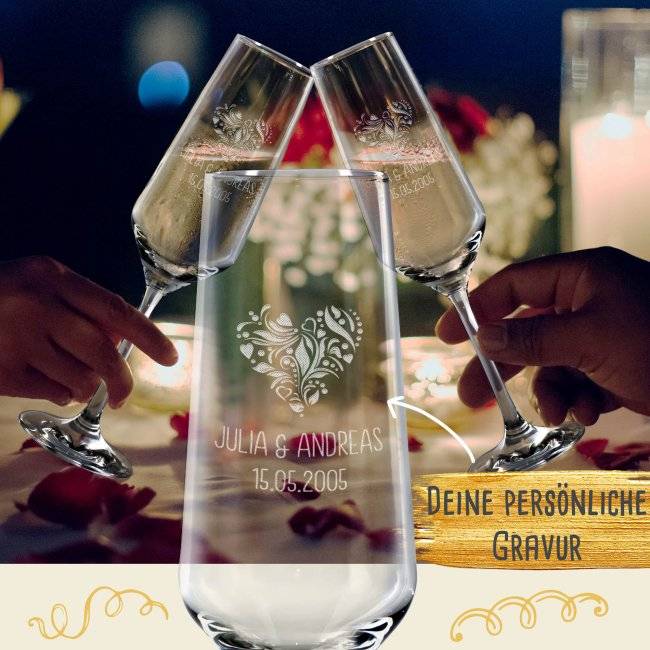 Tassendruck Sektglas - Herz Ornament - mit Namen und Datum Exklusivangebot