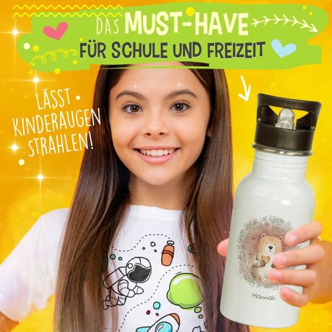 Tassendruck Edelstahl Trinkflasche als Geschenk für Kinder - mit 6 süßen Tiermotive zur Auswahl - mit Name personalisierbar - 500 ml Wochenangebot