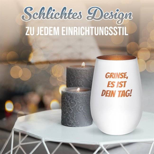 Tassendruck Weißes Windlicht mit Gravur - mit 5 Zeilen Text selbst gestalten - inkl. Teelicht - verschiedene Farben Letzte 2 Tage