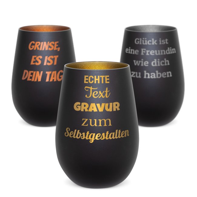 Tassendruck Schwarzes Windlicht mit Gravur - mit 5 Zeilen Text selbst gestalten - inkl. Teelicht - verschiedene Farben Letzter Tag