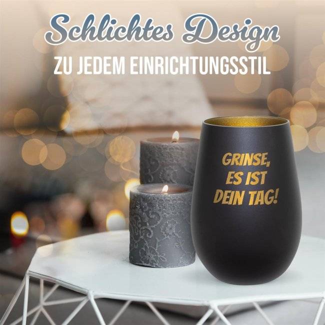 Tassendruck Schwarzes Windlicht mit Gravur - mit 5 Zeilen Text selbst gestalten - inkl. Teelicht - verschiedene Farben Letzter Tag