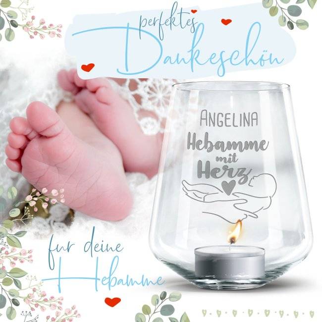 Tassendruck Personalisierbares Windlicht - Hebamme mit Herz - mit Name Zeitbegrenzte Promotion