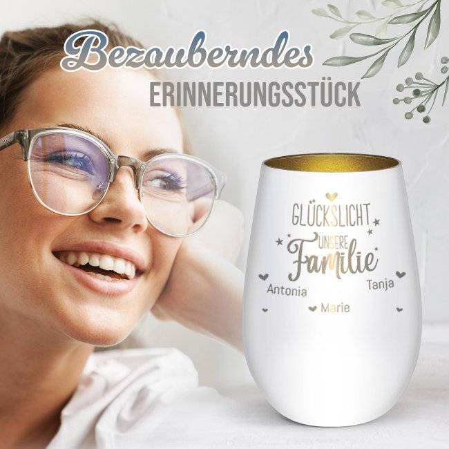 Tassendruck Windlicht mit Gravur - Unsere Familie - mit bis zu 5 Namen - inkl. Teelicht Bis zu 65% Rabatt