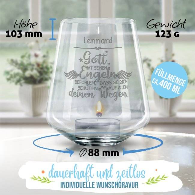 Tassendruck Graviertes Windlicht zur Taufe - Gott hat seinen Engeln - mit Name personalisierbar Nur für heute