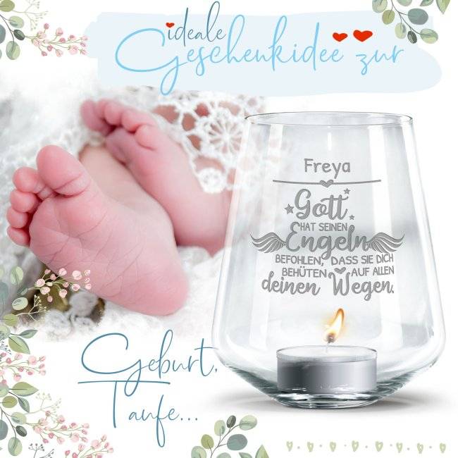 Tassendruck Graviertes Windlicht zur Taufe - Gott hat seinen Engeln - mit Name personalisierbar Nur für heute