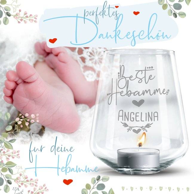 Tassendruck Personalisierbares Windlicht für die beste Hebamme - mit Name Sonderangebot der Fabrik