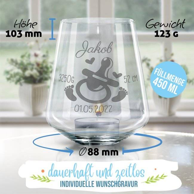 Tassendruck Windlicht mit Gravur zur Geburt - Schnuller mit Geburtsdaten Nur noch ein Tag übrig