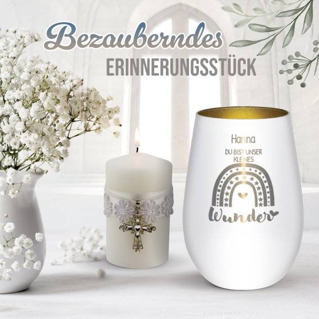 Tassendruck Weißes Windlicht mit Gravur - Du bist unser Wunder - mit Name - inkl. Teelicht Super Rabatt