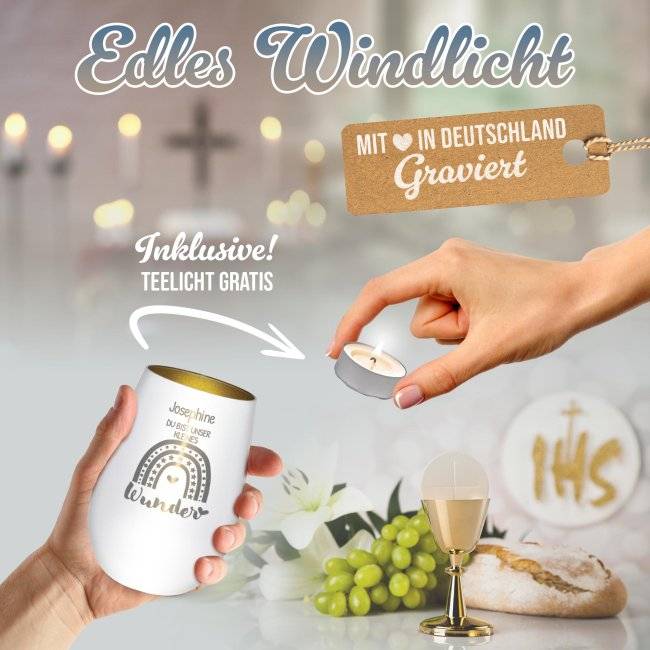 Tassendruck Weißes Windlicht mit Gravur - Du bist unser Wunder - mit Name - inkl. Teelicht Super Rabatt