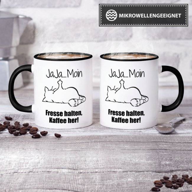Tassendruck mit lustigem Spruch - Nö-Katze Ja Ja Moin - Schwarz Rabatte dieses Monats