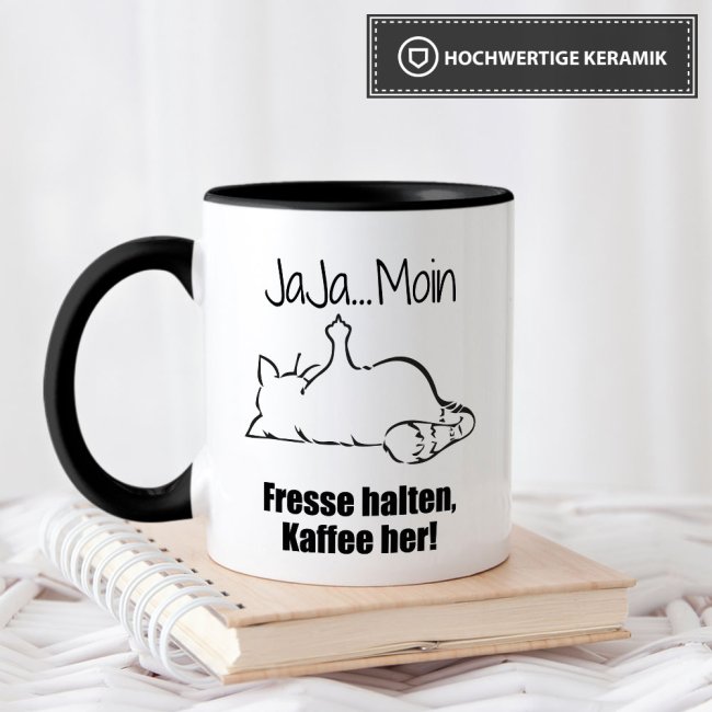 Tassendruck mit lustigem Spruch - Nö-Katze Ja Ja Moin - Schwarz Rabatte dieses Monats