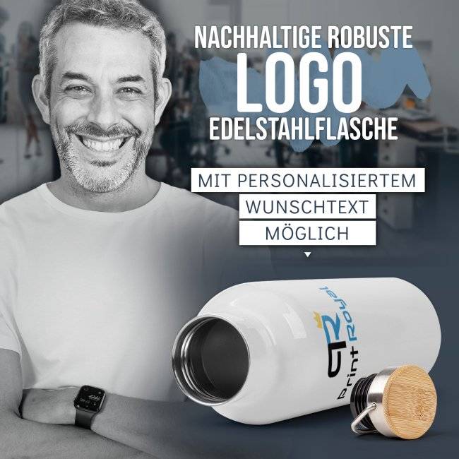 Tassendruck Edelstahl Trinkflasche mit Logo bedrucken - Weiß mit Bambusdeckel - 500 ml und 750 ml Auslauf