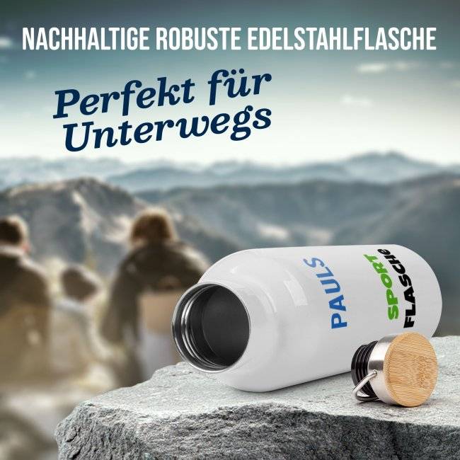 Tassendruck Edelstahl-Trinkflasche mit Wunschtext - Weiß mit Bambusdeckel - 500 ml und 750 ml Verkauf