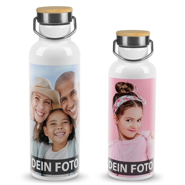 Tassendruck Edelstahl-Trinkflasche selbst gestalten - Weiß mit Bambusdeckel - 500 ml und 750 ml