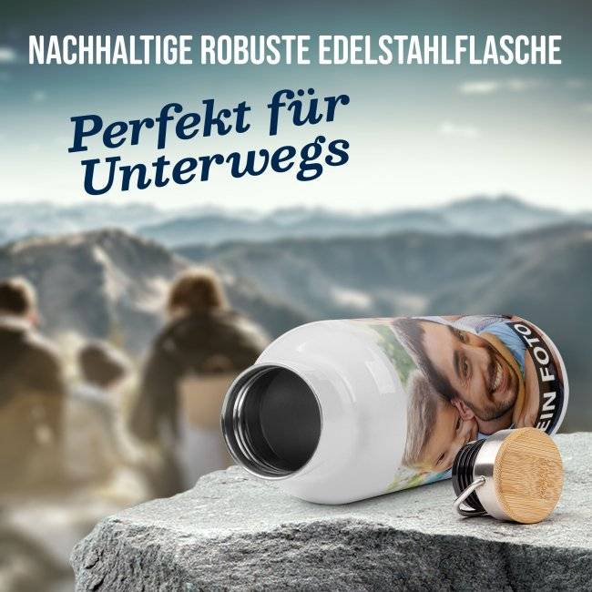 Tassendruck Edelstahl-Trinkflasche selbst gestalten - Weiß mit Bambusdeckel - 500 ml und 750 ml Angebote