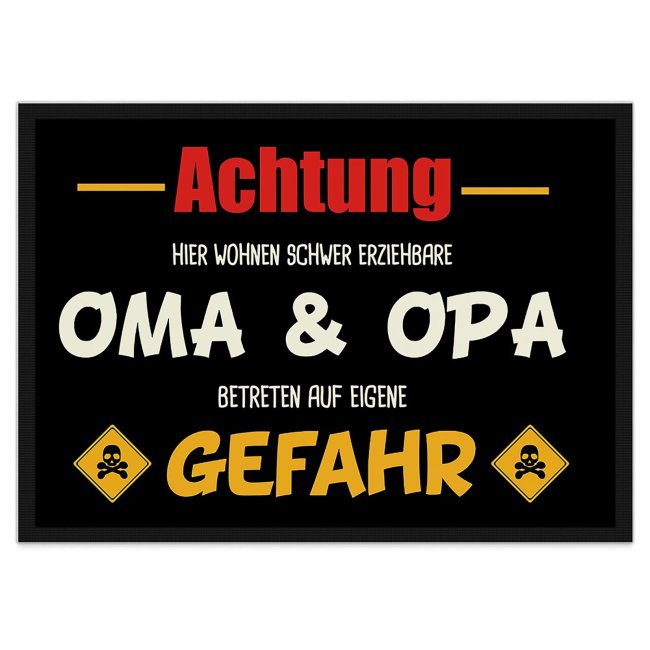 Tassendruck Fußmatte mit Spruch - Schwer erziehbare Oma & Opa