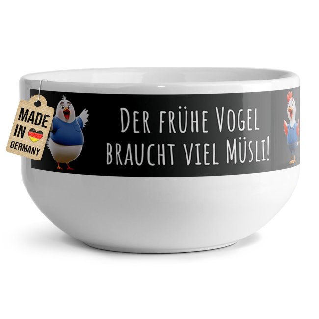 Tassendruck Müslischüssel - Der frühe Vogel - mit Name - 500 ml Räumungsverkauf