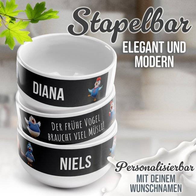 Tassendruck Müslischüssel - Der frühe Vogel - mit Name - 500 ml Räumungsverkauf