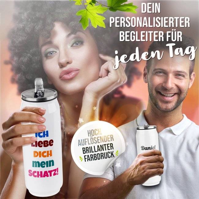 Tassendruck Edelstahl-Trinkflasche - Cola-Dosen-Optik - mit Wunschtext gestalten - Weiß - 420 ml Fabrikladen