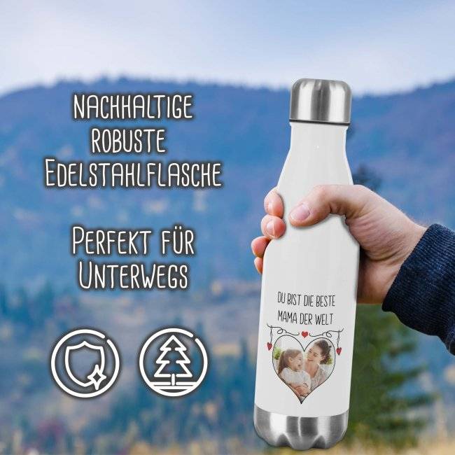 Tassendruck Edelstahl Trinkflasche mit verschiedenen Rahmen - mit Bild und Name zollfrei