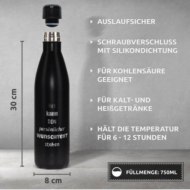 Tassendruck Edelstahl-Trinkflasche gravieren- schwarz matt - 750 ml 50% Rabatt für begrenzte Zeit