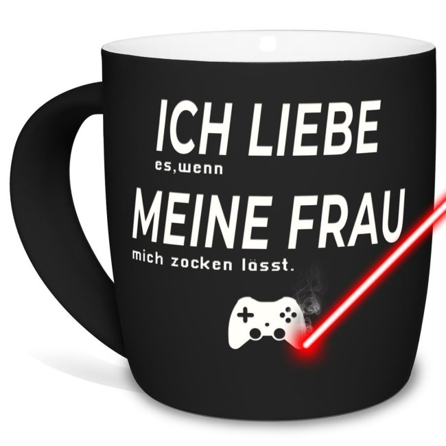 Tassendruck mit Lasergravur - Ich liebe meine Frau, zocken - Schwarz