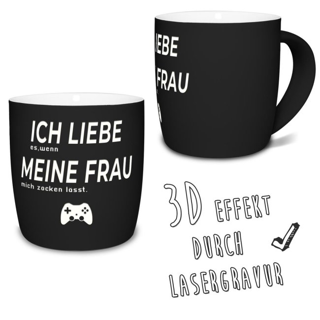 Tassendruck mit Lasergravur - Ich liebe meine Frau, zocken - Schwarz im Angebot