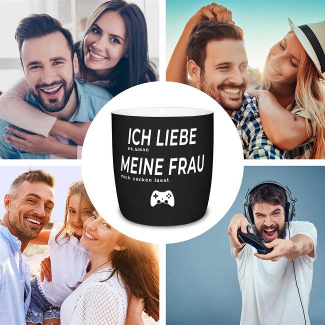 Tassendruck mit Lasergravur - Ich liebe meine Frau, zocken - Schwarz im Angebot