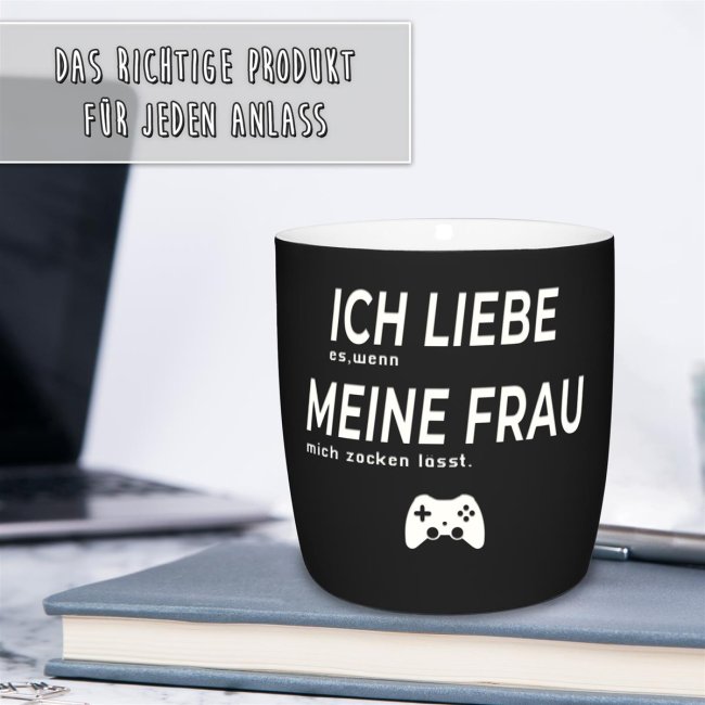 Tassendruck mit Lasergravur - Ich liebe meine Frau, zocken - Schwarz im Angebot