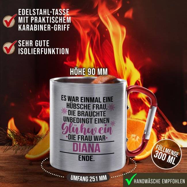 Tassendruck Glühweintasse mit Name - Es war einmal - Edelstahltasse mit Karabiner Limitierter Zeitrabatt