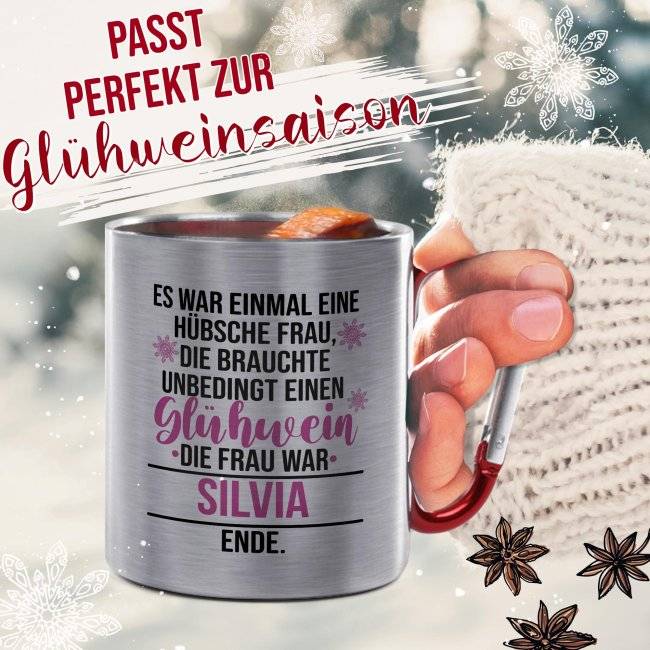 Tassendruck Glühweintasse mit Name - Es war einmal - Edelstahltasse mit Karabiner Limitierter Zeitrabatt