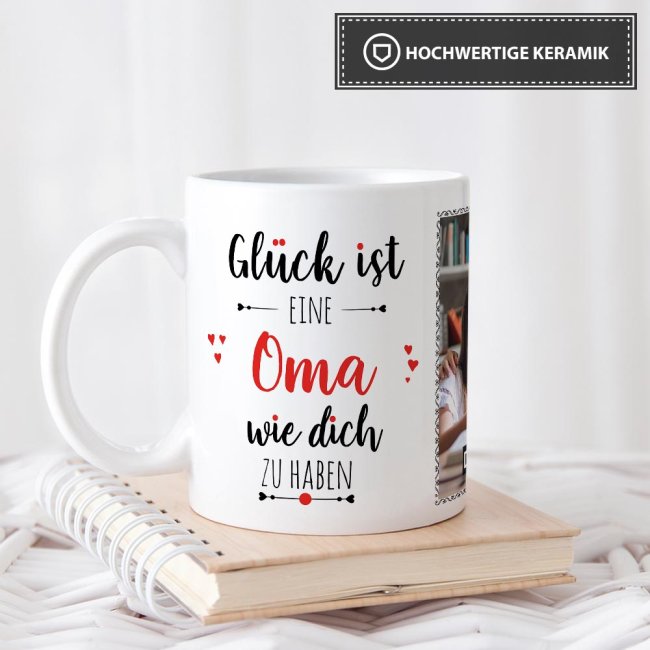 Tassendruck - Glück ist, eine Oma wie Dich zu haben - mit zwei Fotos - Weiß Exklusivangebot