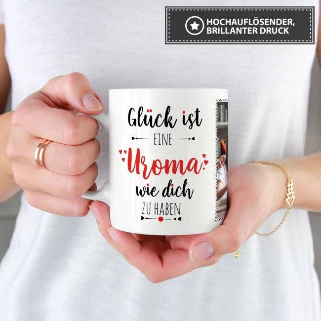 Tassendruck - Glück ist, eine Uroma wie Dich zu haben - mit zwei Fotos - Weiß Preisnachlass