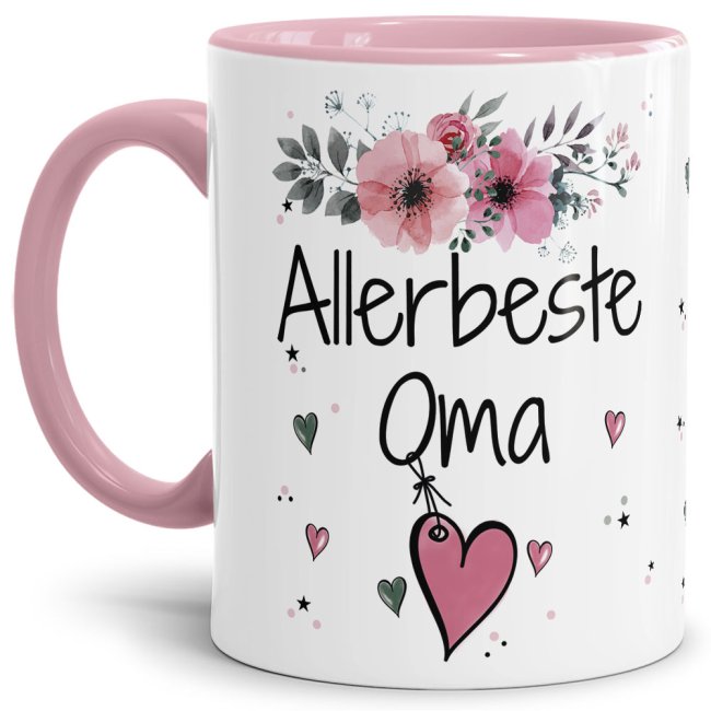 Tassendruck mit schönem Blumenmotiv - Allerbeste Oma - Innen & Henkel Rosa