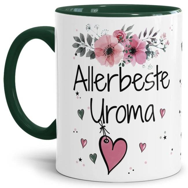 Tassendruck mit schönem Blumenmotiv - Allerbeste Uroma - Innen & Henkel Dunkelgrün Weihnachtsangebot