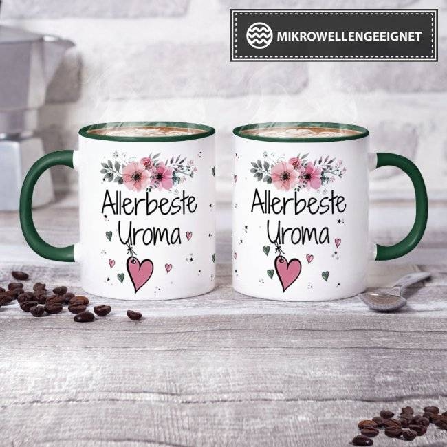 Tassendruck mit schönem Blumenmotiv - Allerbeste Uroma - Innen & Henkel Dunkelgrün Weihnachtsangebot