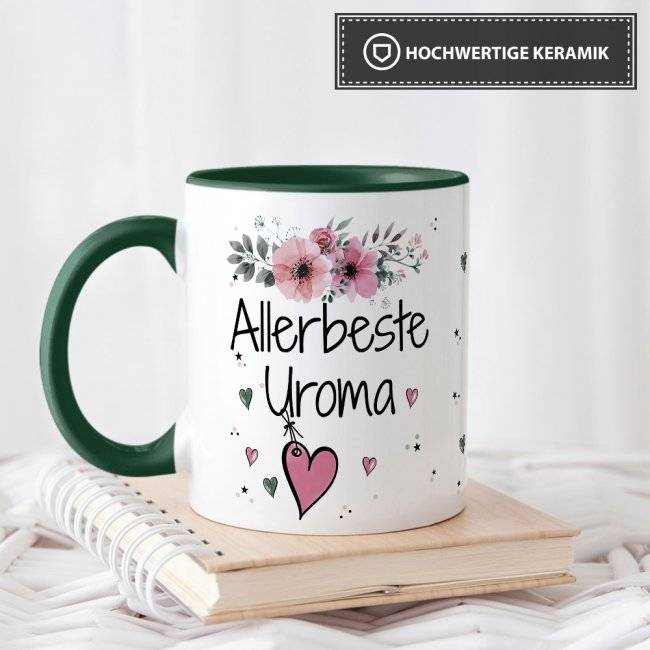 Tassendruck mit schönem Blumenmotiv - Allerbeste Uroma - Innen & Henkel Dunkelgrün Weihnachtsangebot